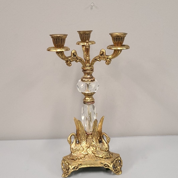 Vintage Brass Swan design Candelabra Other - Vintage Brass Swan Base 3 Arm Candelabra 15"